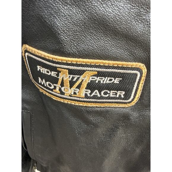 Men’s Leather MotoCross Racing Jacket Size L Black/Gold Patches Zip Front - Picture 4 of 14